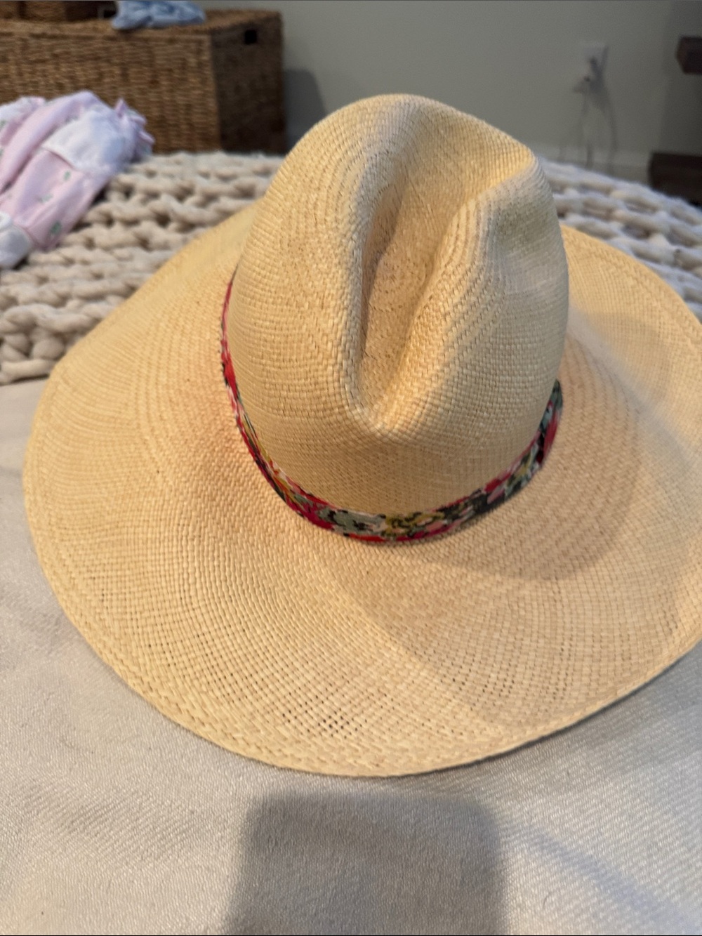 J. Crew Beige Straw Wide-Brim Hat with Floral Band